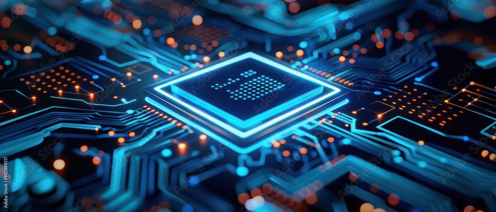 Advanced circuit board, blue neon highlights, futuristic tech design Advanced circuit board, blue neon highlights, futuristic tech design