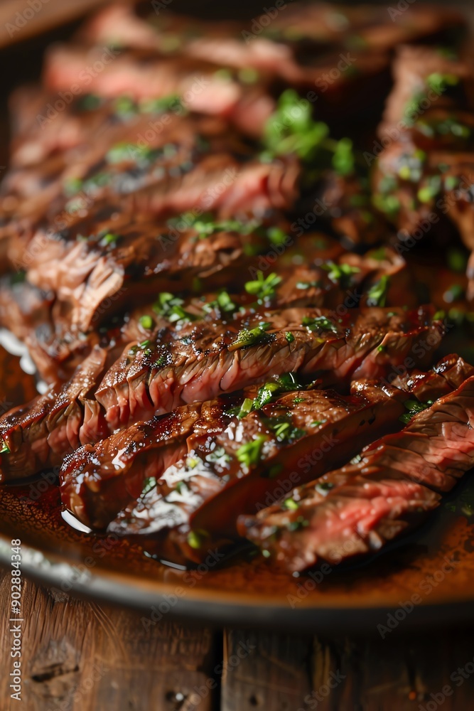 Juicy grilled steak slices on a plate, garnished with herbs, warm lighting, closeup shot Juicy grilled steak slices on a plate, garnished with herbs, warm lighting, closeup shot