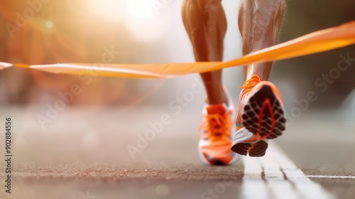 Closeup of a runner s feet crossing a finish line, achievement and victory, race day