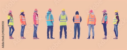 Group of people in safety vests standing in a line. photo