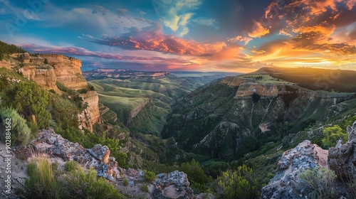 Majestic canyon at sunset, vibrant sky, lush valley, panoramic view, dramatic lighting