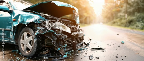 Crushed front end of a car against a tree, severe impact, singlevehicle accident photo