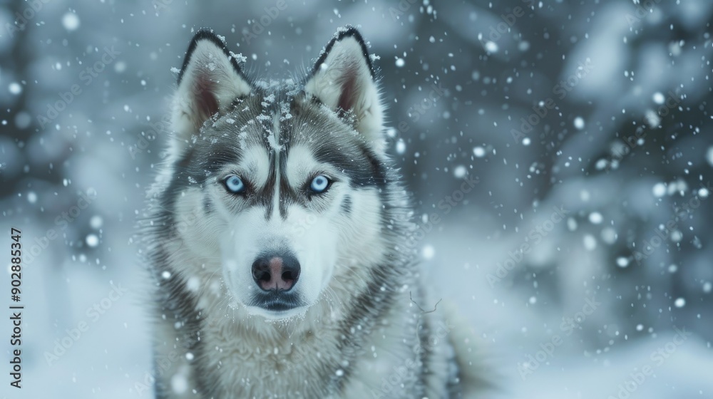 Siberian Husky with blue eyes in snowy forest Siberian Husky with blue eyes in snowy forest