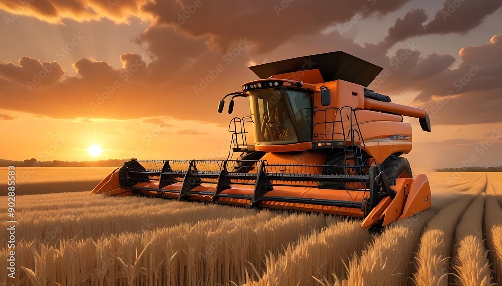 Fototapeta premium Two Modern Harvesters Working in a Golden Wheat Field at Sunset
