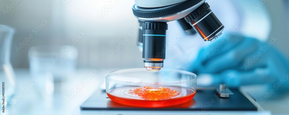 Scientist observing a reaction in a petri dish under a microscope, detailed research, microbiology Scientist observing a reaction in a petri dish under a microscope, detailed research, microbiology