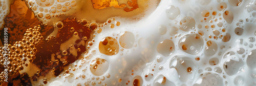 Close-up of beer with foam and bubbles. Macro photography for drink and beverage design. Brewery and craft beer background for design poster, long banner, hearder.  photo