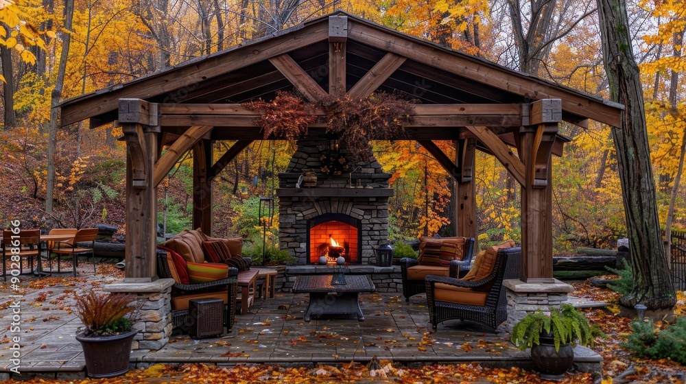 A rustic outdoor patio with a wooden gazebo and a fireplace. The patio is surrounded by trees and has a cozy, warm atmosphere A rustic outdoor patio with a wooden gazebo and a fireplace. The patio is surrounded by trees and has a cozy, warm atmosphere