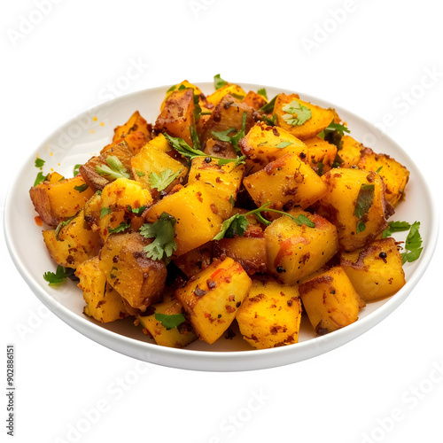 Spiced bangladeshi fried potatoes garnished with herbs on a plate, isolated photo