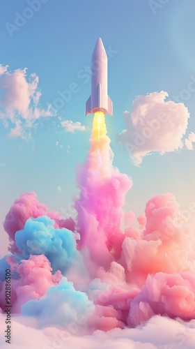 A colorful rocket is flying through the sky, leaving a trail of smoke behind it © Natthakan