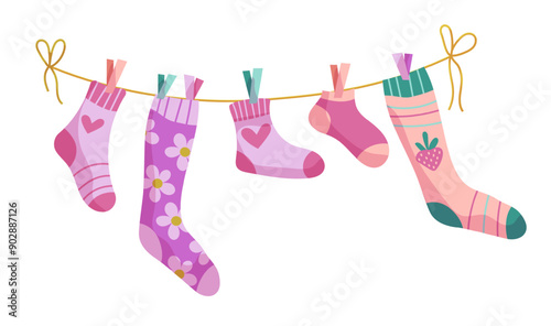 Clothesline socks. Socks on a rope, Baby socks with patterns vector cartoon.