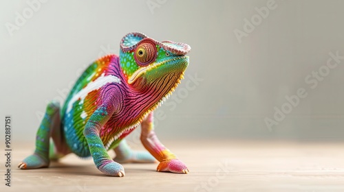 Chameleon in a rainbow shirt, simple beige backdrop, colorful and adaptable