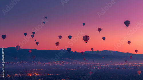 Hot air balloons flying in the pink sky at the Albuquerque International Balloon Fiesta. Hot air balloons floating over a city at sunset with mountains in the background. Aerial view for banner. photo