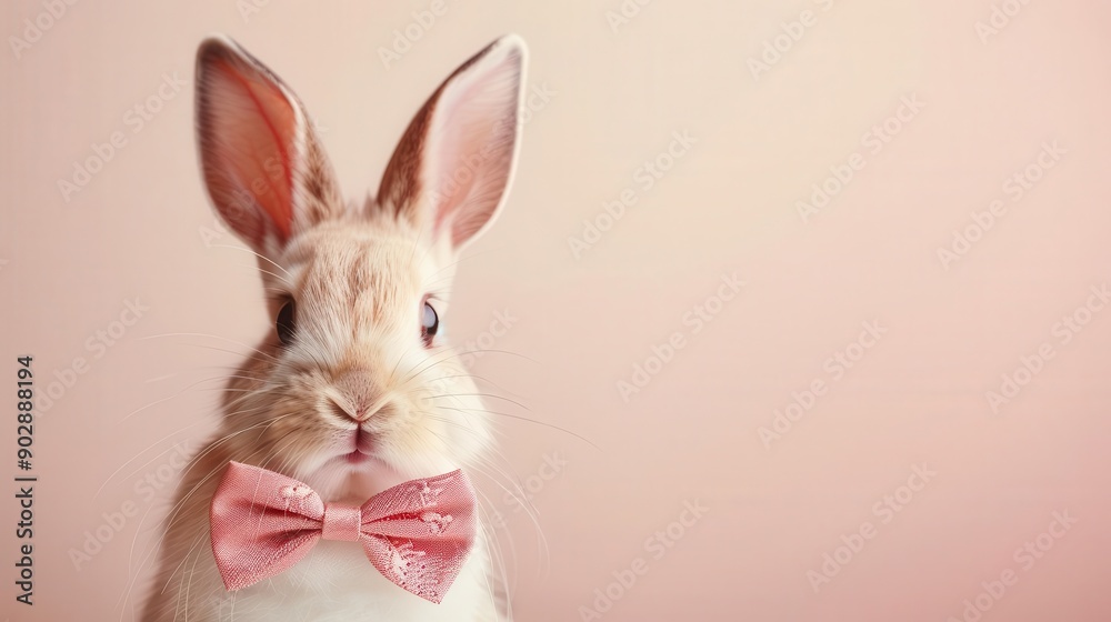 Obraz premium Rabbit in a bowtie, simple cream background, cute and dapper