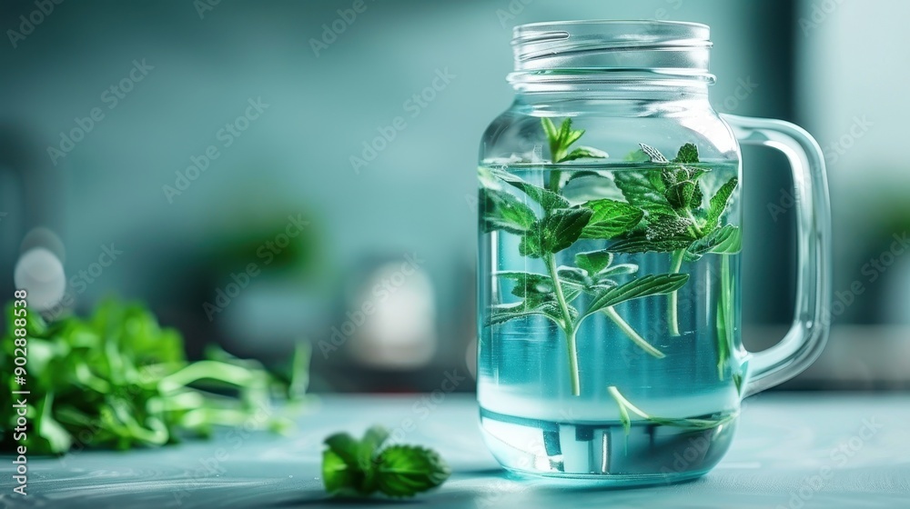 A mason jar filled with water and fresh mint leaves, set against a blue background, presenting a simple and clean beverage choice that's both refreshing and health-promoting. A mason jar filled with water and fresh mint leaves, set against a blue background, presenting a simple and clean beverage choice that's both refreshing and health-promoting.