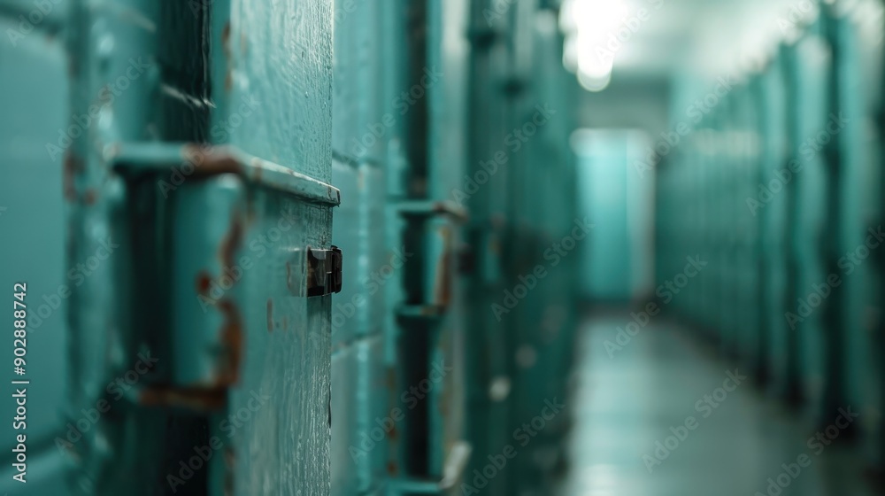 This image features a repetitive pattern of prison doors in a long, sterile corridor, highlighting uniformity and the cold, institutional environment of incarceration facilities. This image features a repetitive pattern of prison doors in a long, sterile corridor, highlighting uniformity and the cold, institutional environment of incarceration facilities.