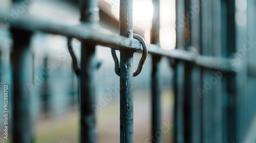 This image captures a close-up view of prison bars, focusing on the metal texture and structure with a blurred background, representing confinement and restriction.