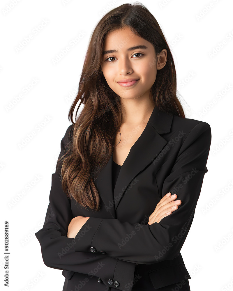 A confident Hispanic young businesswoman poses in a stylish black suit. A confident Hispanic young businesswoman poses in a stylish black suit.