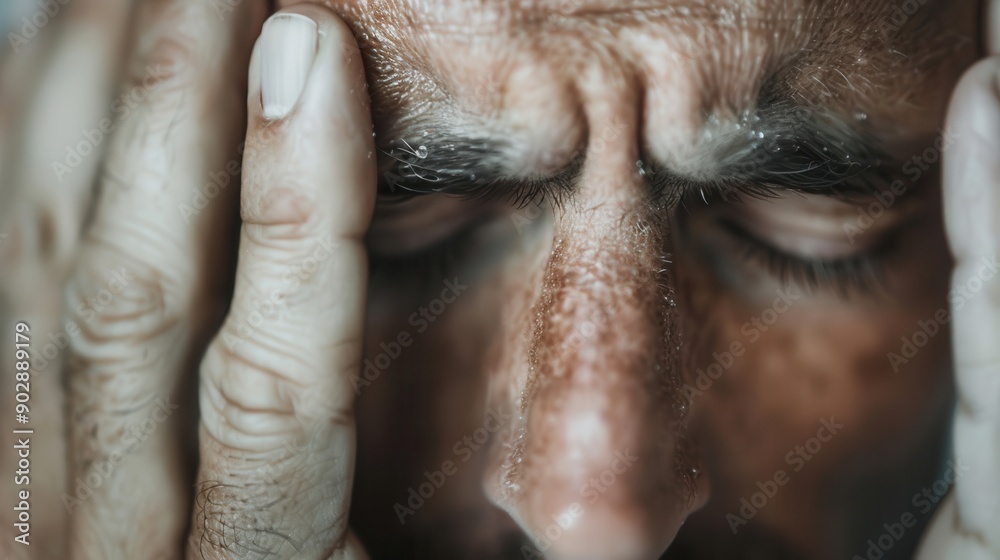 A dramatic close-up of a person clutching their face and furrowing their brows, capturing an intense moment of emotional stress and tension, with visible skin texture. A dramatic close-up of a person clutching their face and furrowing their brows, capturing an intense moment of emotional stress and tension, with visible skin texture.