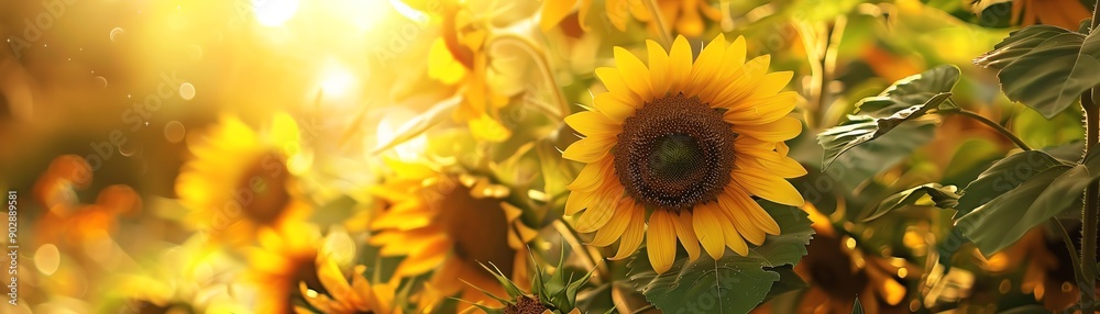 Naklejka premium Vibrant sunflowers in full bloom, green leaves, soft bokeh background, warm sunlight, closeup shot