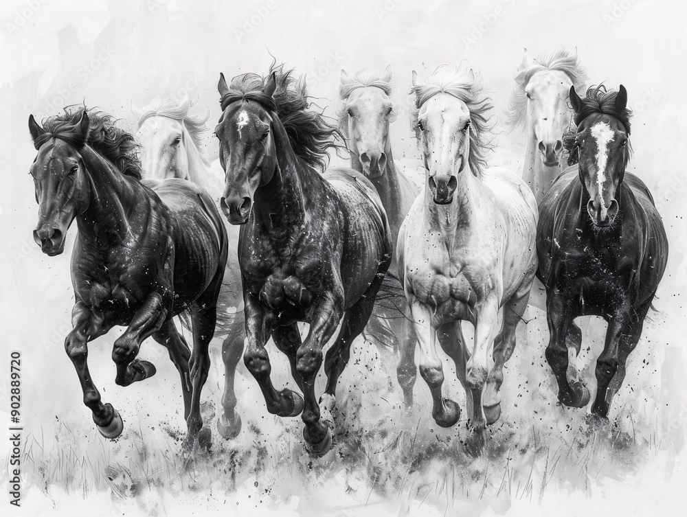 Obraz premium a monochromatic sketch of a group of horses galloping in a loose formation.