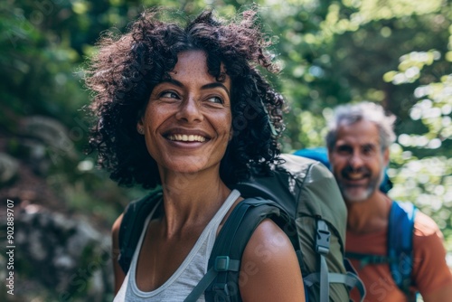 Portrait of a happy multiethnic couple in their 40s going on a hike in nature
