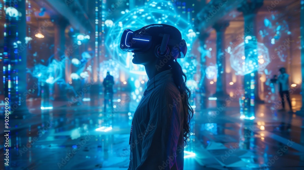 Futuristic Virtual Reality Studio with Shifting Holographic Environments and Glowing VR Headsets for Immersive Tech Experience. Futuristic Virtual Reality Studio with Shifting Holographic Environments and Glowing VR Headsets for Immersive Tech Experience.