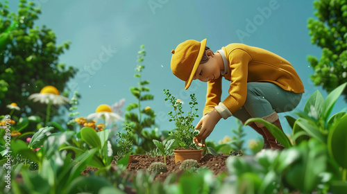 A gardener planting new shrubs in a garden. Animated character, C4D model rendering, 3D rendering - Generative AI
