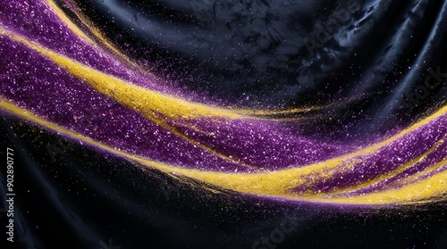 Purple and gold glitter particle flow wave on black background