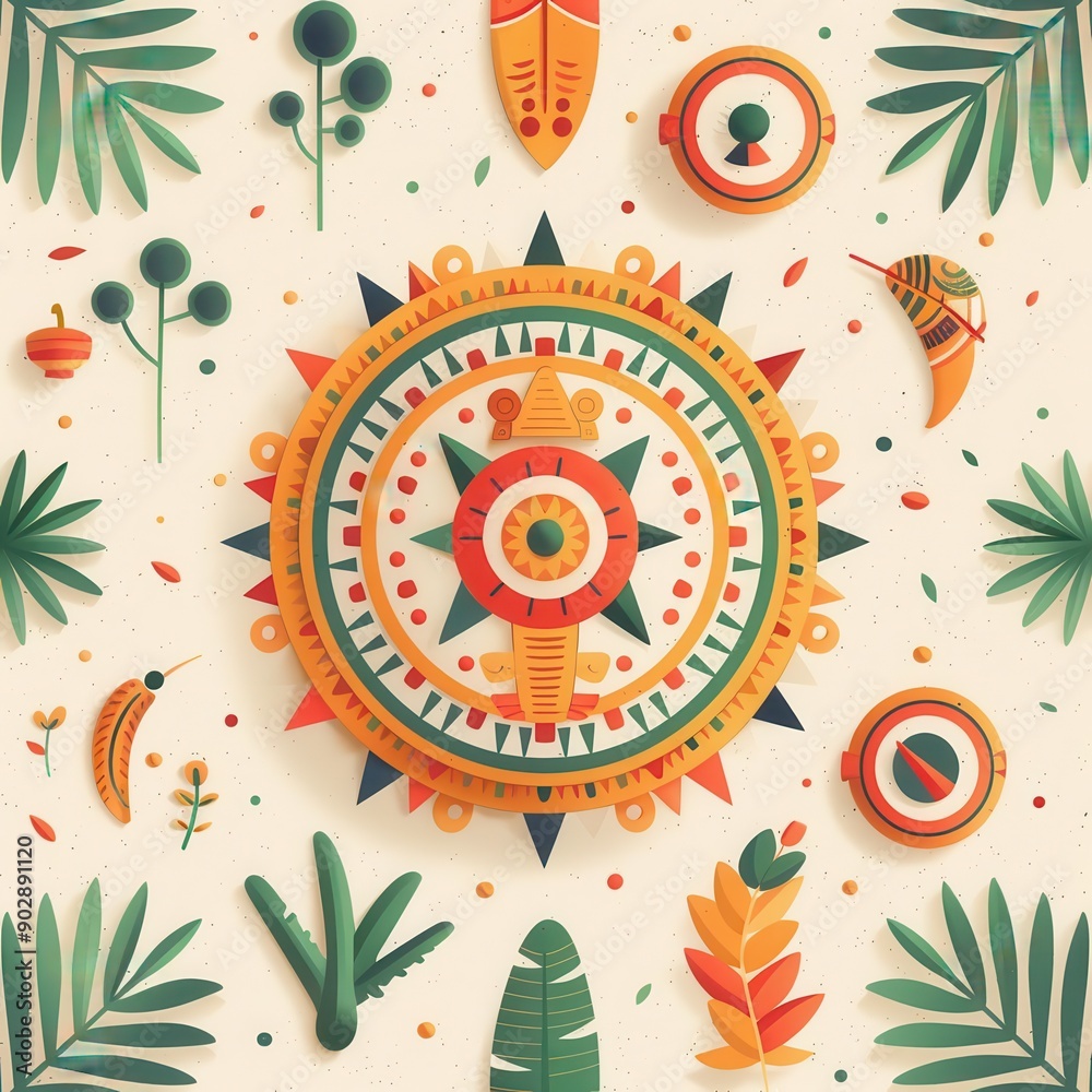 Fototapeta premium Colorful abstract pattern with geometric shapes and nature elements, perfect for modern design projects.