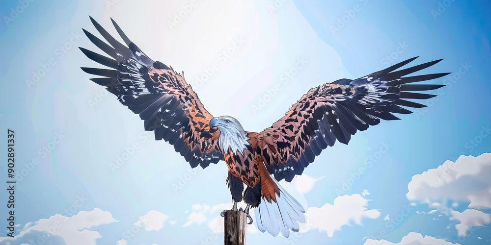 Obraz premium The Soaring Eagle of Hope: A majestic eagle, spreading its wings against a cloudy sky, perched atop a fence post.