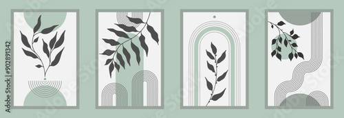 Zen arch poster set with botanical element, simple line arch shapes, and leavs. Geometric Japanese zen pattern minimal elements. Boho style strips,