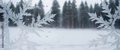 A serene winter scene with frost-covered window view showcasing a tranquil snowy forest landscape. photo