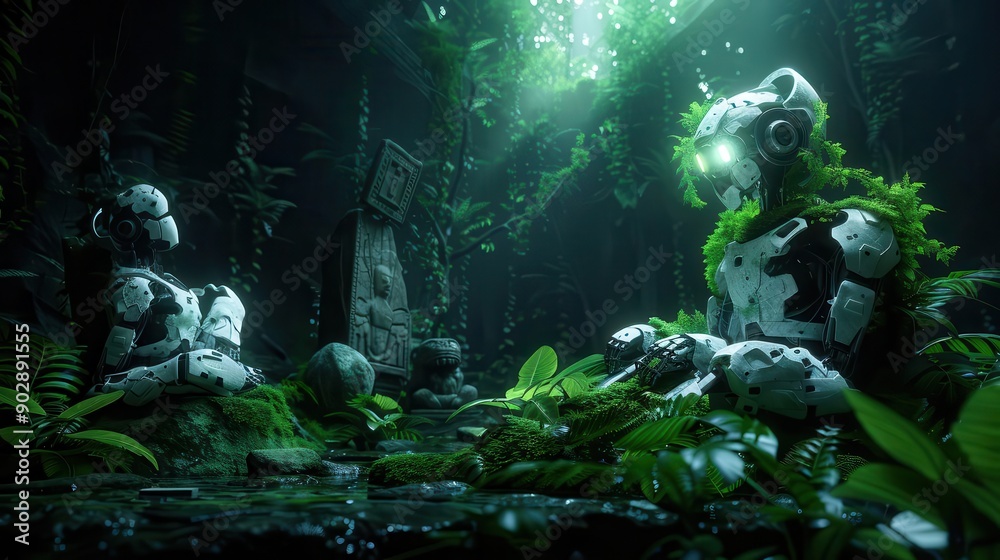 Obraz premium An enchanted forest with robotic animals and ancient stone statues low angle mystical lighting