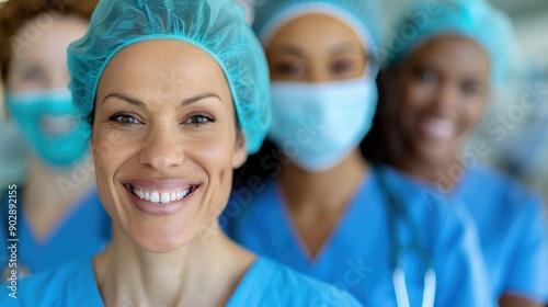 A smiling healthcare worker in blue scrubs stands in the foreground with colleagues blurred in the background, embodying professionalism and warmth in a medical setting.