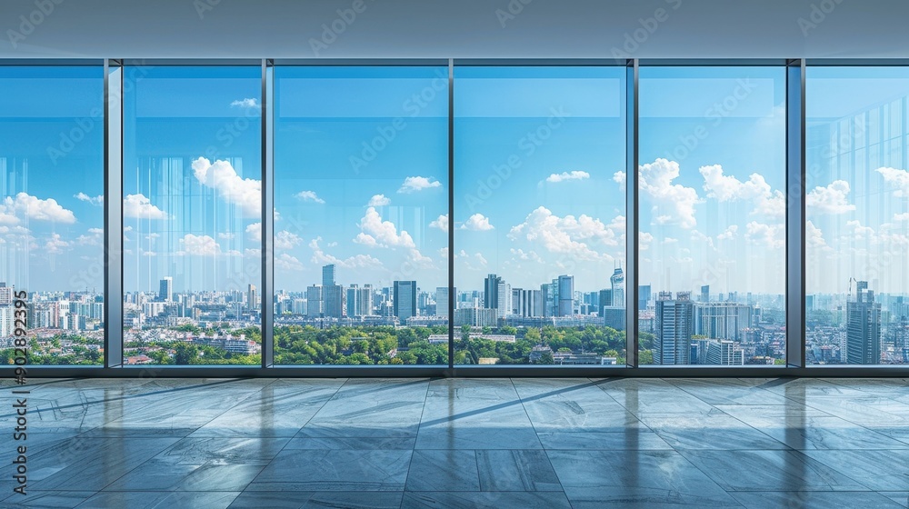 Fototapeta premium A city view from a high floor with a clear blue sky. The city is full of tall buildings and the sky is clear and bright