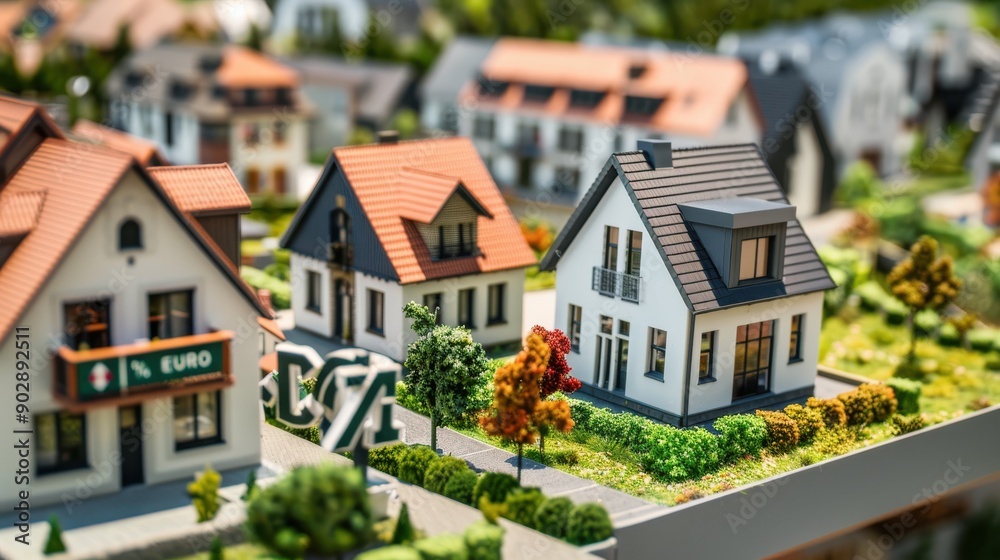 Detailed Model Display of Residential Neighborhood With Diverse Architectural Styles and Lush Greenery in Daylight