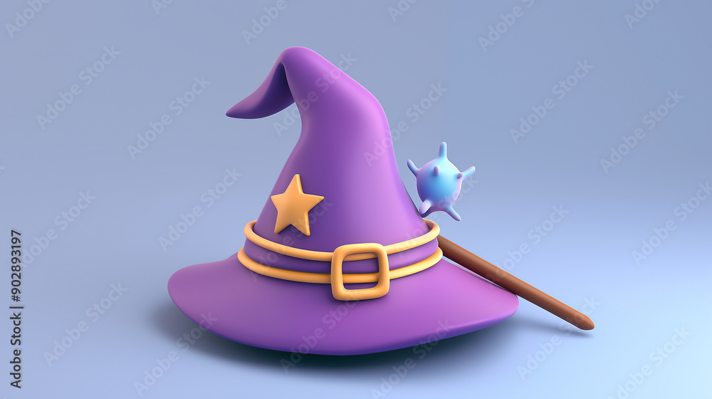 A 3D cartoon witch's hat with a magic wand A 3D cartoon witch's hat with a magic wand