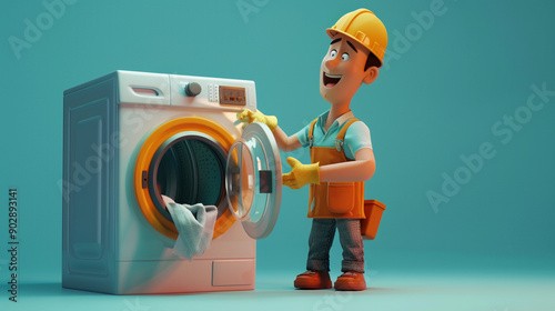 A technician fixing a broken washing machine. Animated character, C4D model rendering, 3D rendering - Generative AI photo