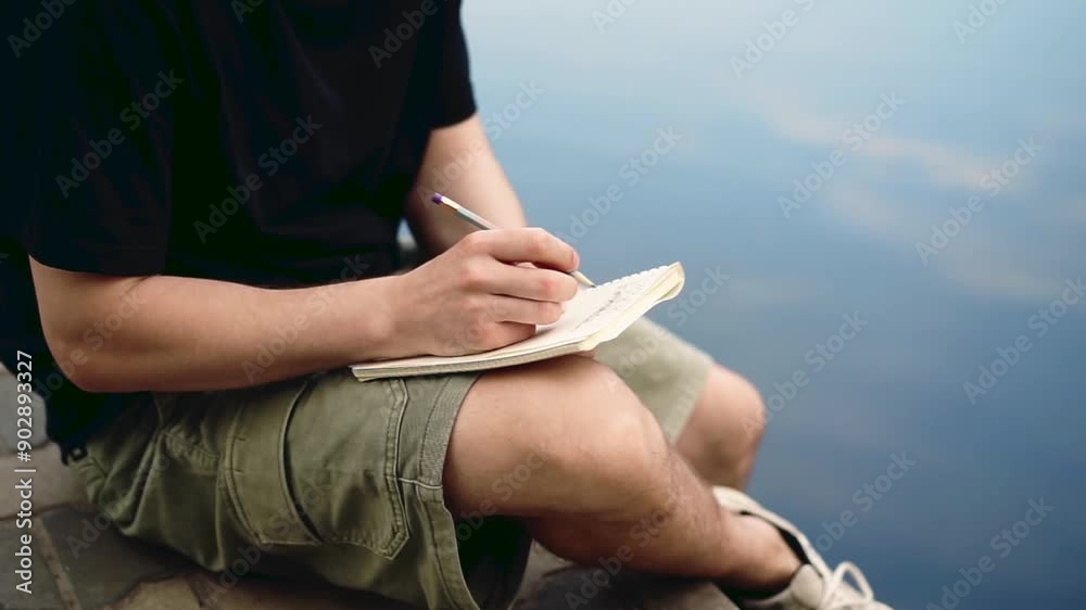 A guy is relaxing on the seashore, writing something in a notebook with a pen.
A man with a notepad is sitting on the pier.
Sea holiday