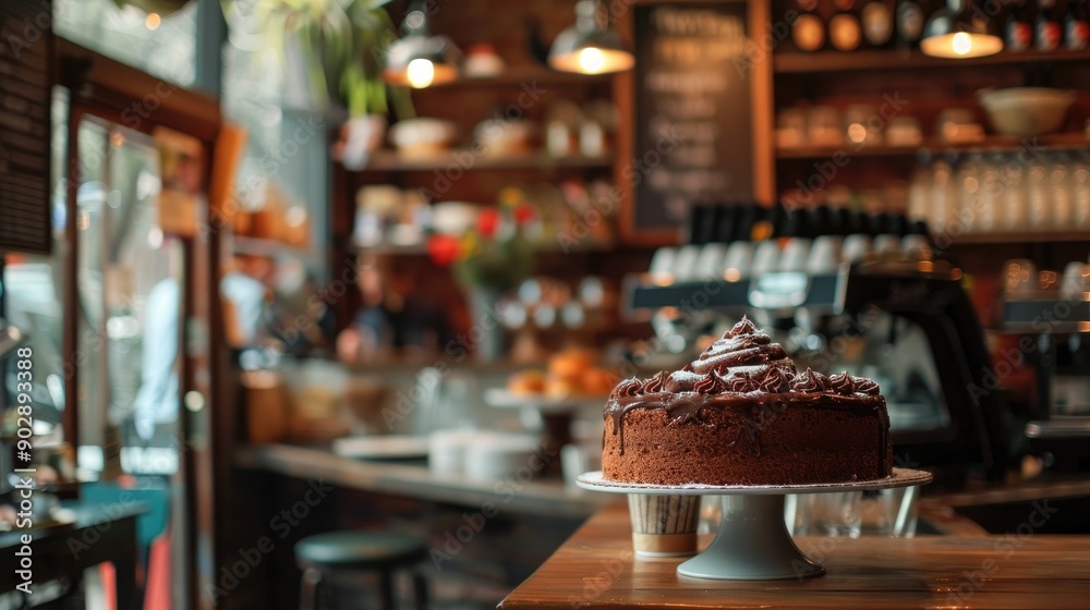 A cafe s interior showcases a chocolate cake in a photo A cafe s interior showcases a chocolate cake in a photo