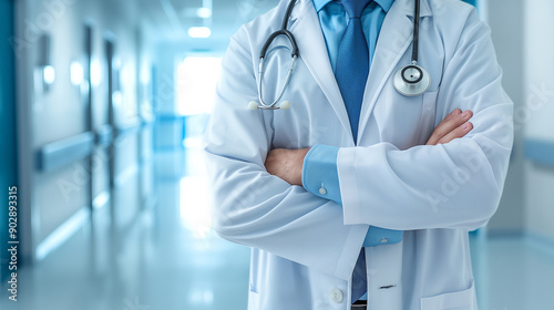 A confident doctor with crossed arms in a bright hospital corridor, wearing a white coat and a stethoscope.