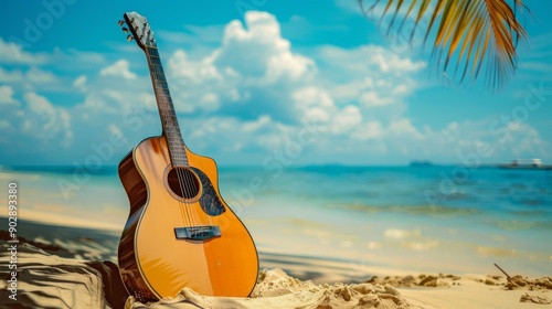 Guitar on the tropical beach with blue sea and blue sky background. summerand vacation concept. photo