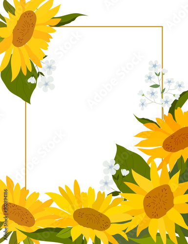 Gold rectangle frame with sunflowers isolated on a white background. Vector illustration.	