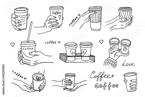 Set of cup of coffee in hands in doodle style. Coffee to go. I love coffee, coffee time, cup of coffee. Hand drawn. Vector illustration EPS10