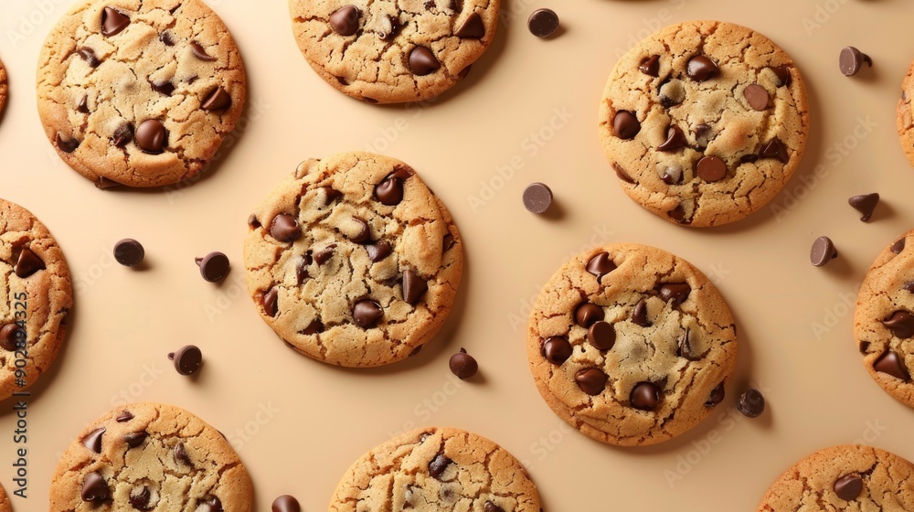 Delicious Chocolate Chip Cookies on Beige Background with Scattered Chips Delicious Chocolate Chip Cookies on Beige Background with Scattered Chips