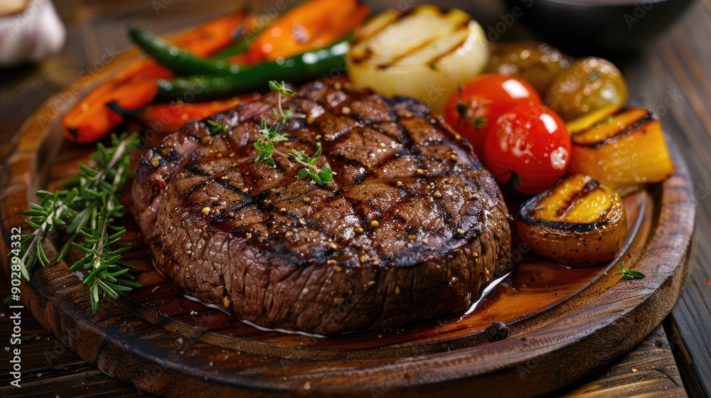 Mouthwatering grilled beef steak seasoned with a blend of spices, served with a side of roasted vegetables Mouthwatering grilled beef steak seasoned with a blend of spices, served with a side of roasted vegetables