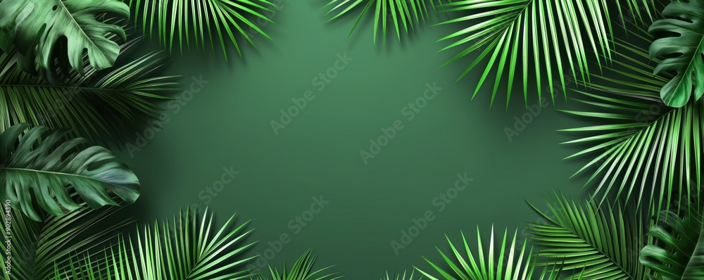 Palm Leaves on Green Background. Travel, Nature Concept, Banner Template. Palm Leaves on Green Background. Travel, Nature Concept, Banner Template.
