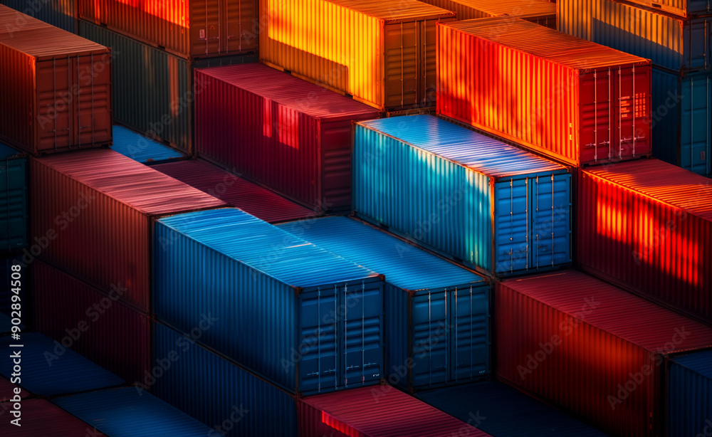 Aerial view of a shipping container yard with stacks of colorful containers arranged in an organized grid pattern. Aerial view of a shipping container yard with stacks of colorful containers arranged in an organized grid pattern.