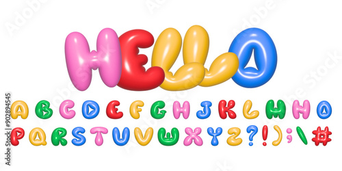 Multicolored playful alphabet in Y2K style. 3D rendering of plump letters, plastic glossy reflective texture. Vector illustration.