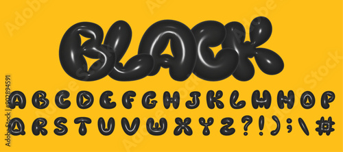 Black three dimensional alphabet. 3D rendering of plump letters, plastic glossy reflective texture. Vector illustration on white isolated background.